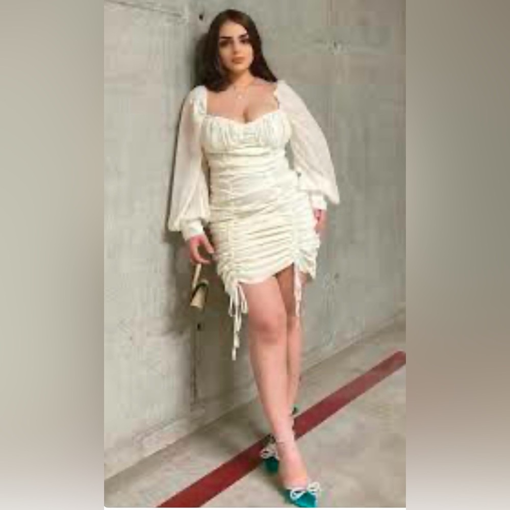 . White sheer gathered mini dress with long sleeves. NWT